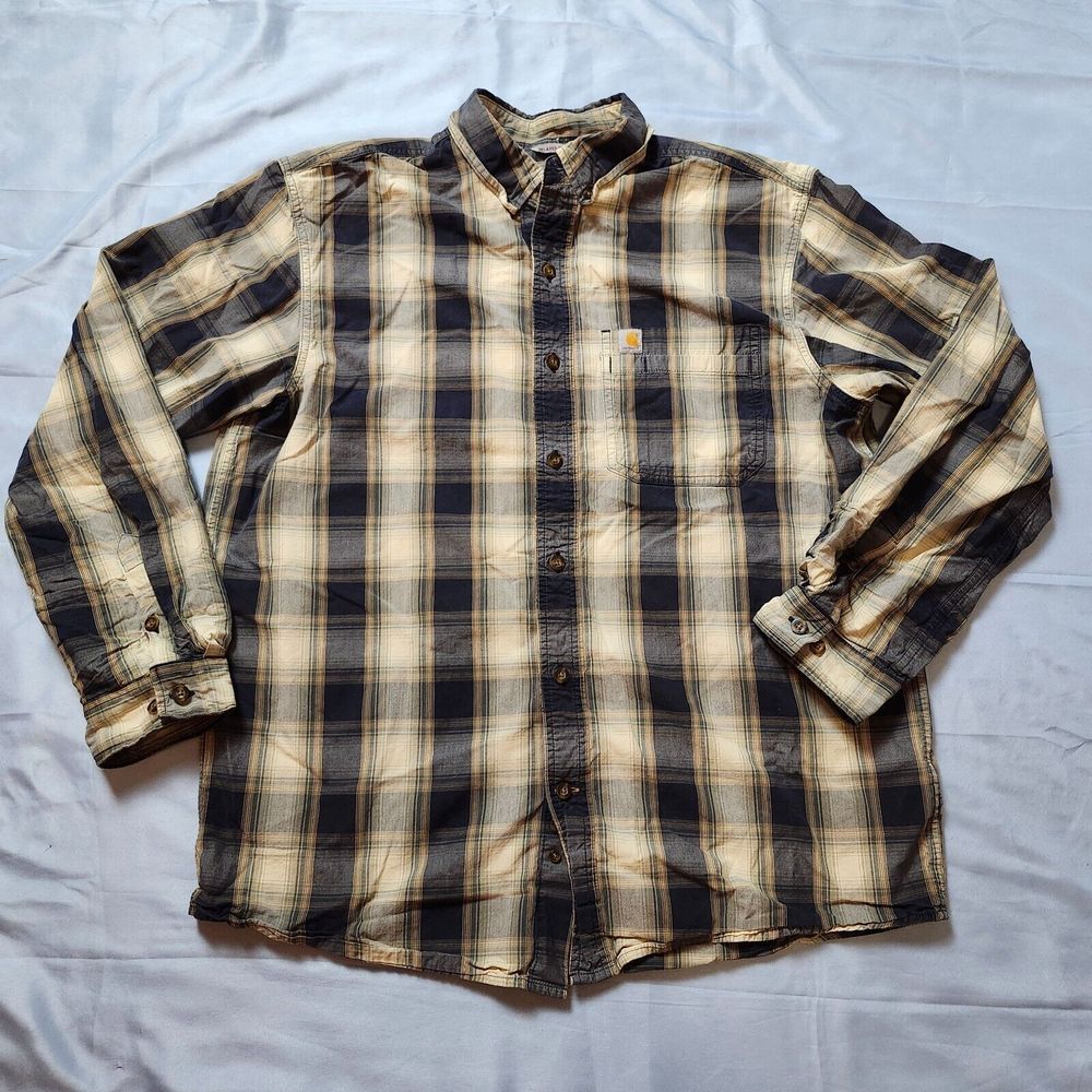 Carhartt Relaxed Fit Midweight Chambray Mens L Long Sleeve Button Up Plaid Shirt
